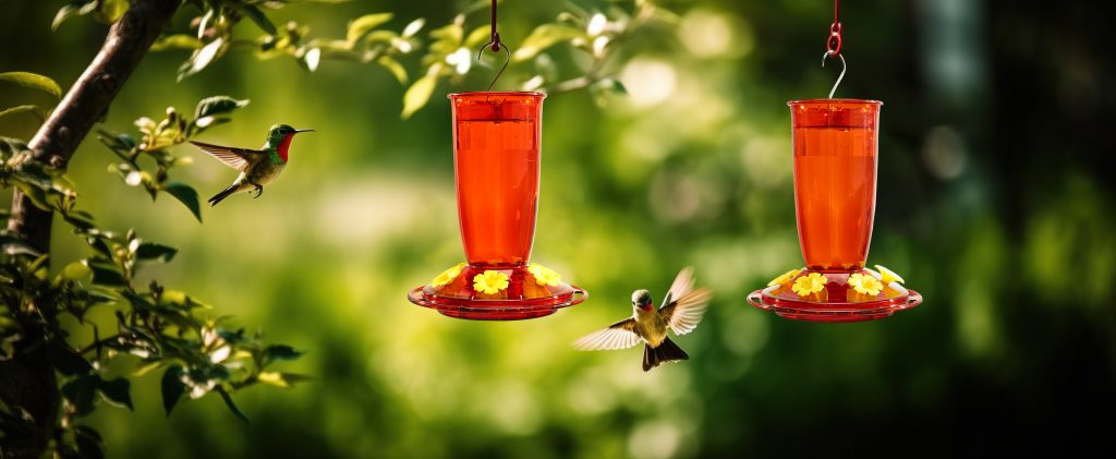 Two red window bird feeder hanging in the tree and a hummingbird flying between them