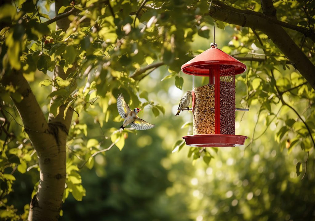 In the shade of the trees and  dappled sunlight, two birds were eating at a bird feeder.