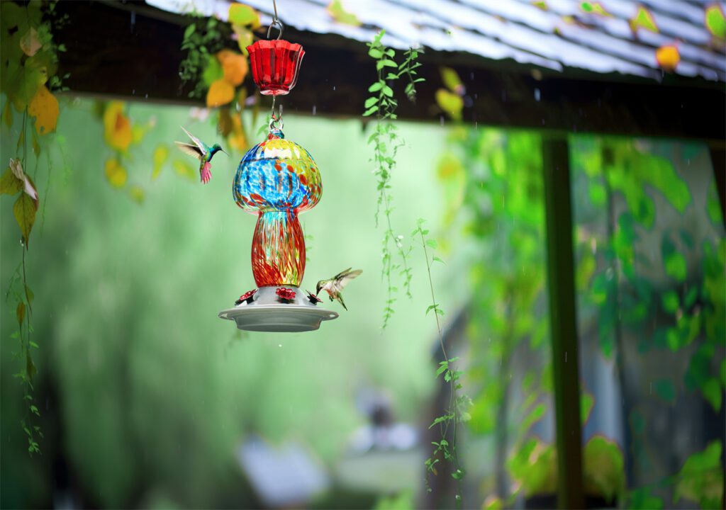 The trees are lush and verdant, and a hummingbird joyfully feeds at the bird feeder.